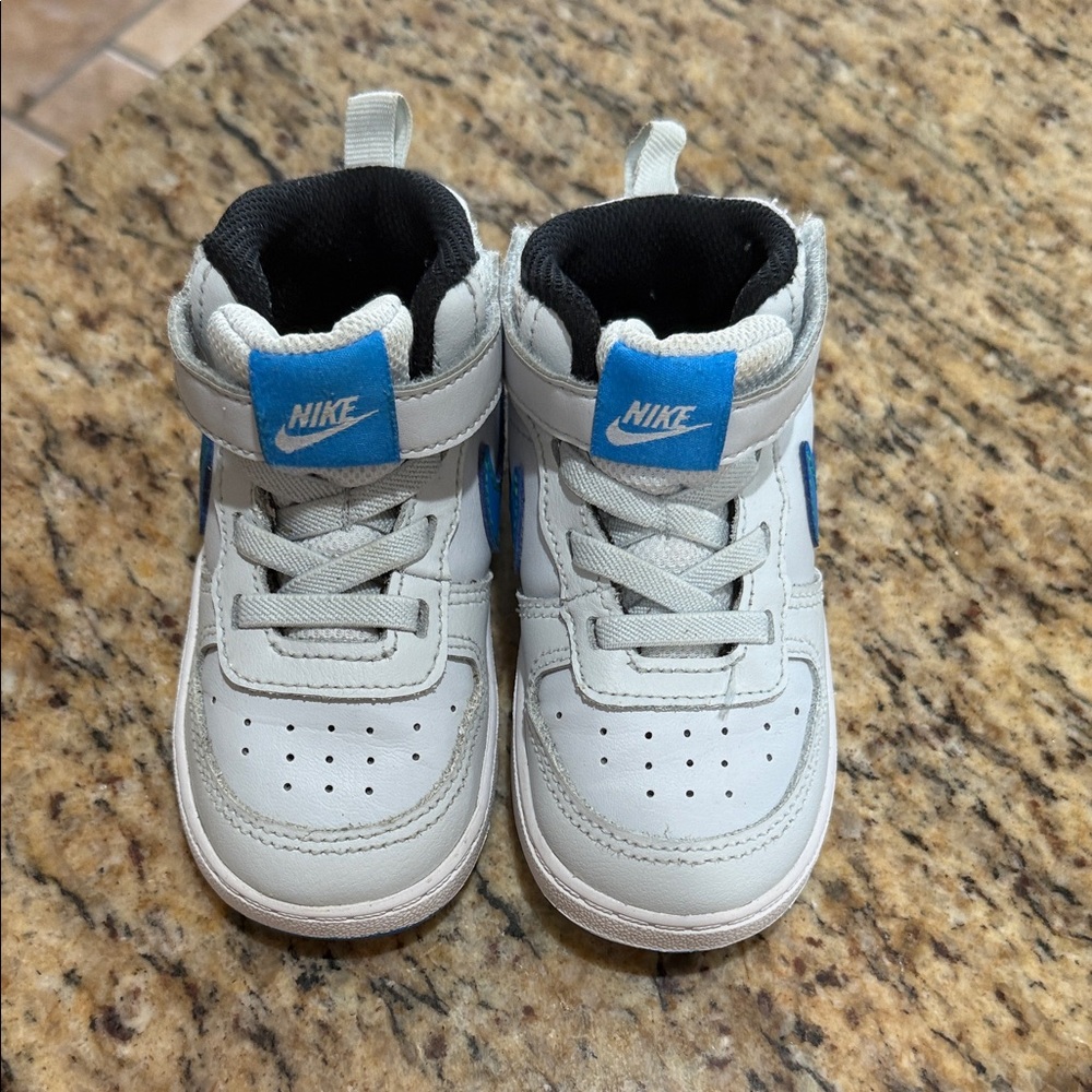 Nike Kids White and Blue High-Top Sneakers with Hook-and-Loop Strap